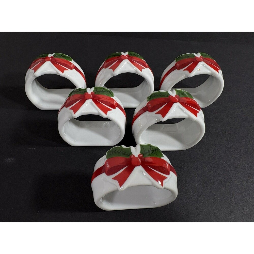 Vtg Mount Clemens Pottery Christmas Napkin Rings Holly Porcelain Japan Set Of 6
